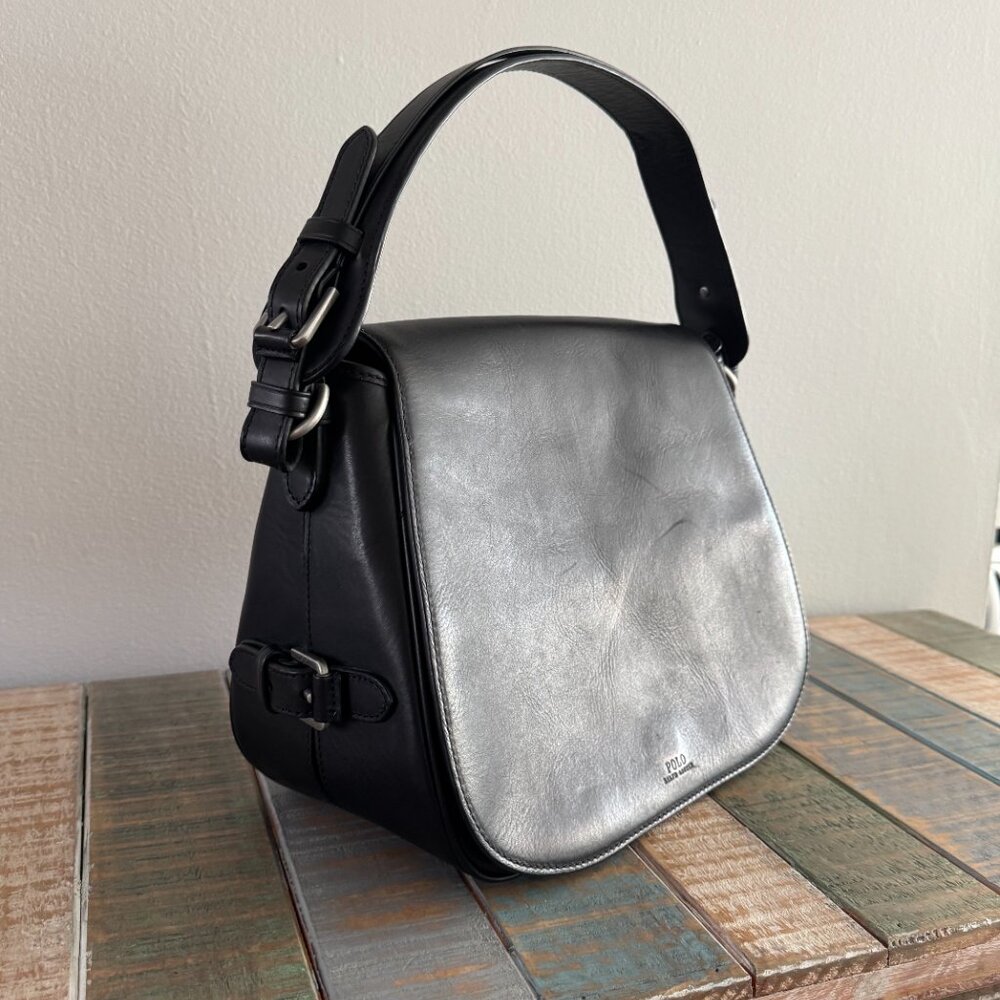 NWOT Polo Ralph Lauren black leather saddle bag with buckle